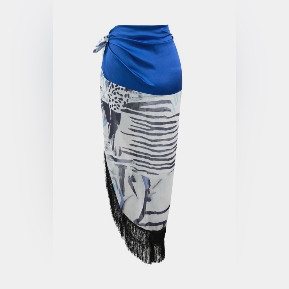 Printed Lantern Sleeve Twist Hem Shirt And Asymmetric Fringe Skirt Set NWT | L - Picture 5 of 10